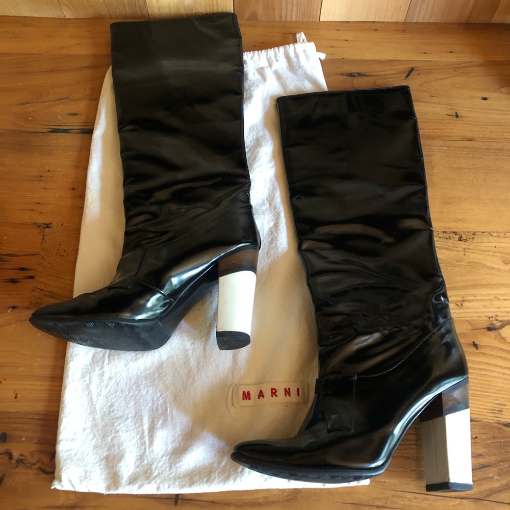 MARNI patent leather boots, tricolor 4” heel, sz 7
